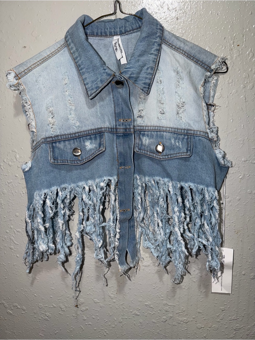 Truth Distressed Fringed Denim Crop Vest - Light Blue